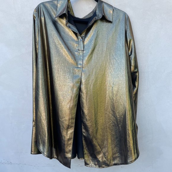 BCBGMAXAZRIA Retro Gold Metallic Chiffon Top Backward-worn Style Shirt - Picture 3 of 6